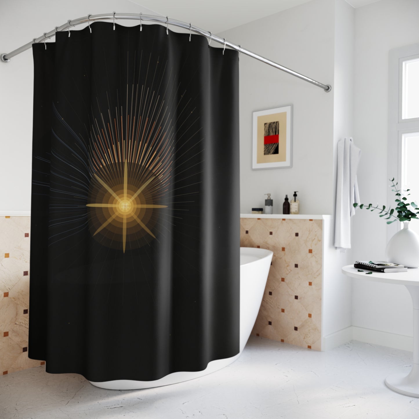Radiant Starburst Shower Curtain | Black Gold Sunburst Bathroom Decor