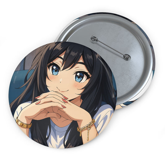 Anime girl illustration pin button accessory featuring colorful artwork, perfect for decorating bags or clothing.
