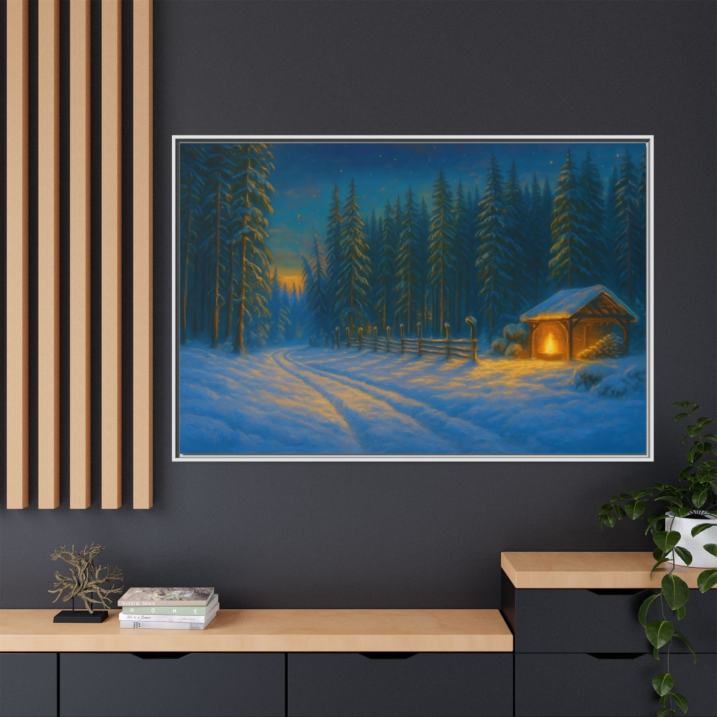Cozy winter cabin canvas wall art by Printify featuring a snowy forest evening scene in a matte framed print.
