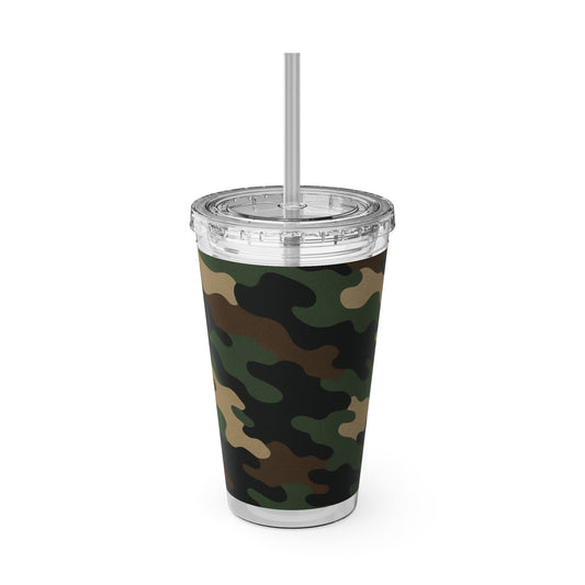 16oz camo insulated travel tumbler with straw, branded by Printify, designed for hot and cold beverages.