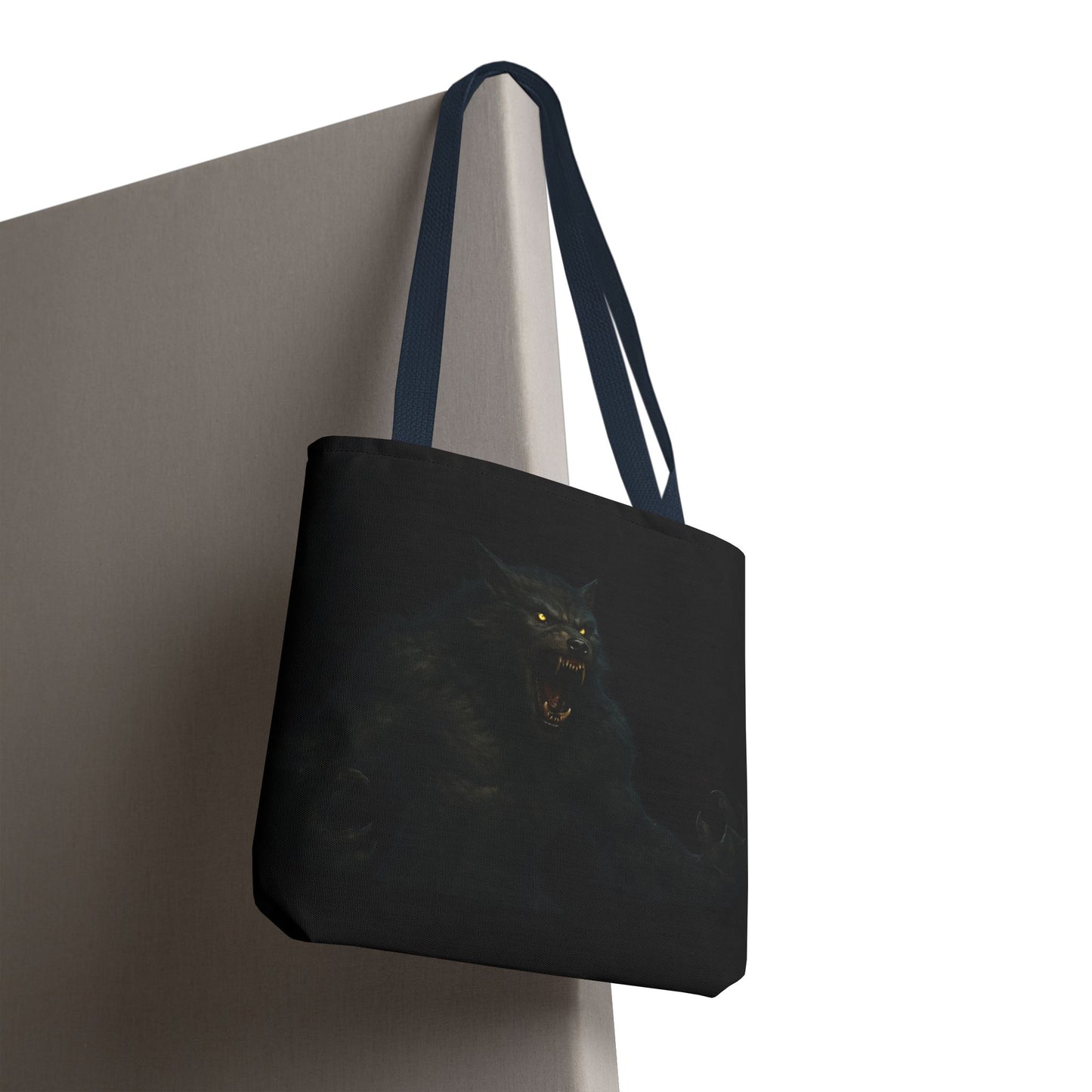Werewolf tote bag featuring dark Halloween art, ideal gift for horror fans, made by Printify, with spooky werewolf design.