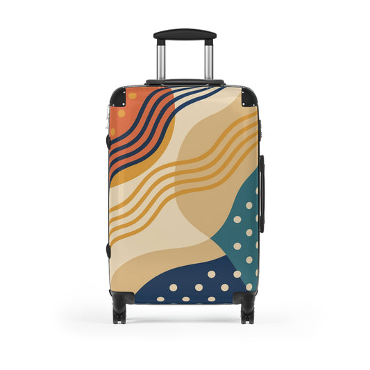 Colorful abstract waves design on Printify carry-on suitcase, modern travel luggage with wheels and handle for easy portability.