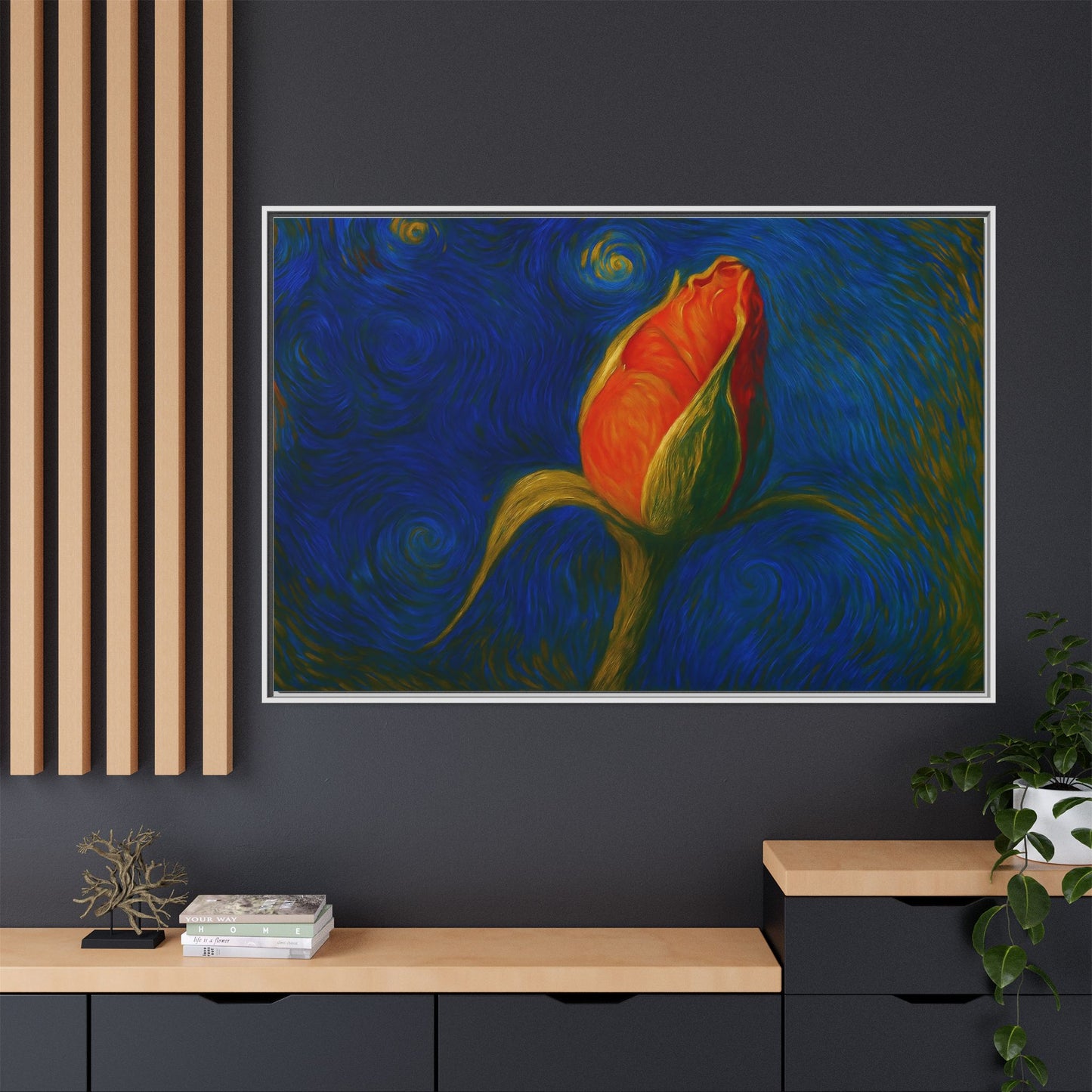 Red rose bud painting on framed canvas wall art by Printify, featuring vibrant flower imagery and matte finish.
