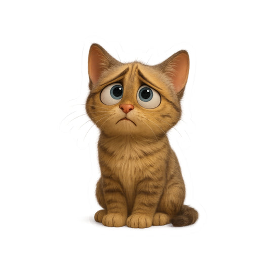Sad cartoon kitten kiss-cut sticker on paper, perfect for decorating laptops and phones with a cute, expressive kitten design.