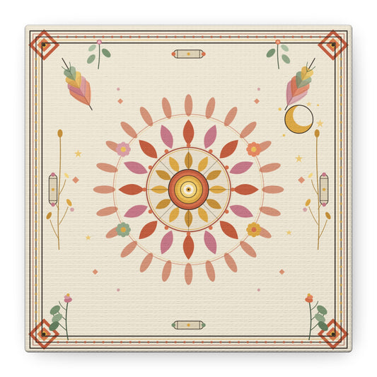 Boho Sun Mandala matte canvas wall art with vibrant colors and intricate design, perfect for bohemian or modern home decor.