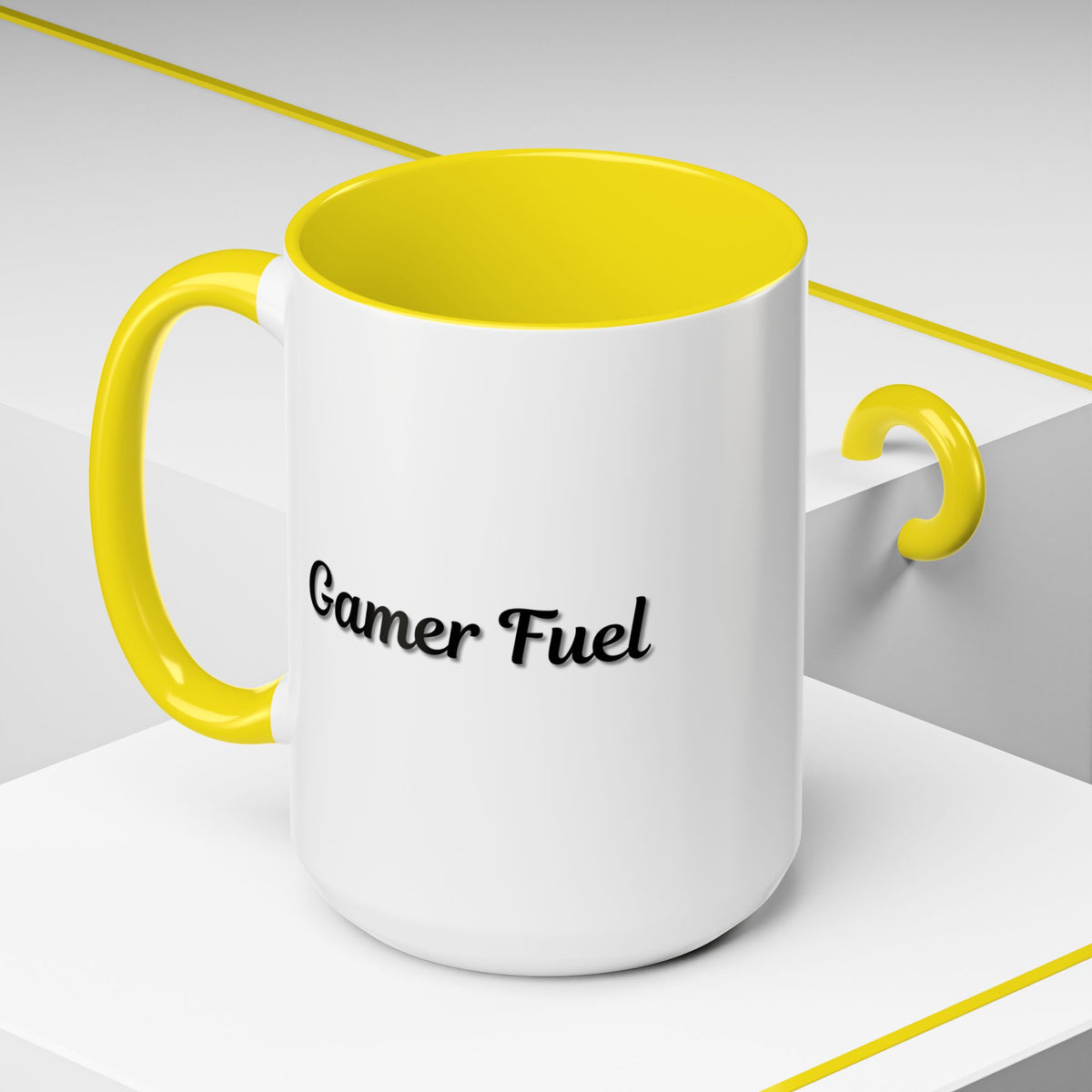 Printify Gamer Fuel coffee mug in 11oz or 15oz with gaming-themed design, featuring bold text and vibrant colors.