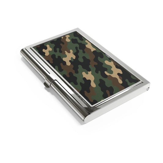 Camouflage military metal business card holder with Printify branding, featuring a sleek camouflage design for professional accessories.