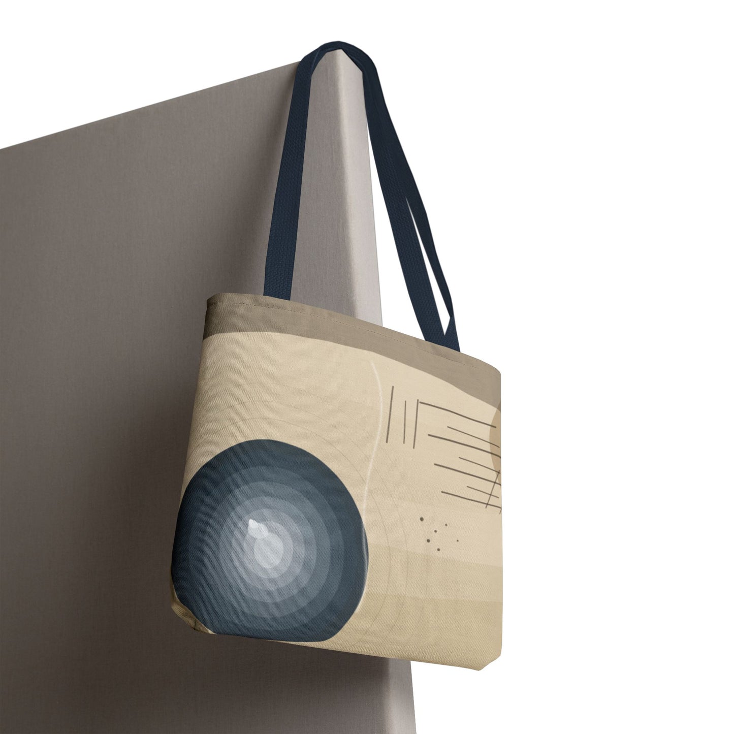 Abstract neutral waves tote bag with geometric circle pattern, printed by Printify, featuring a spacious design and modern style.