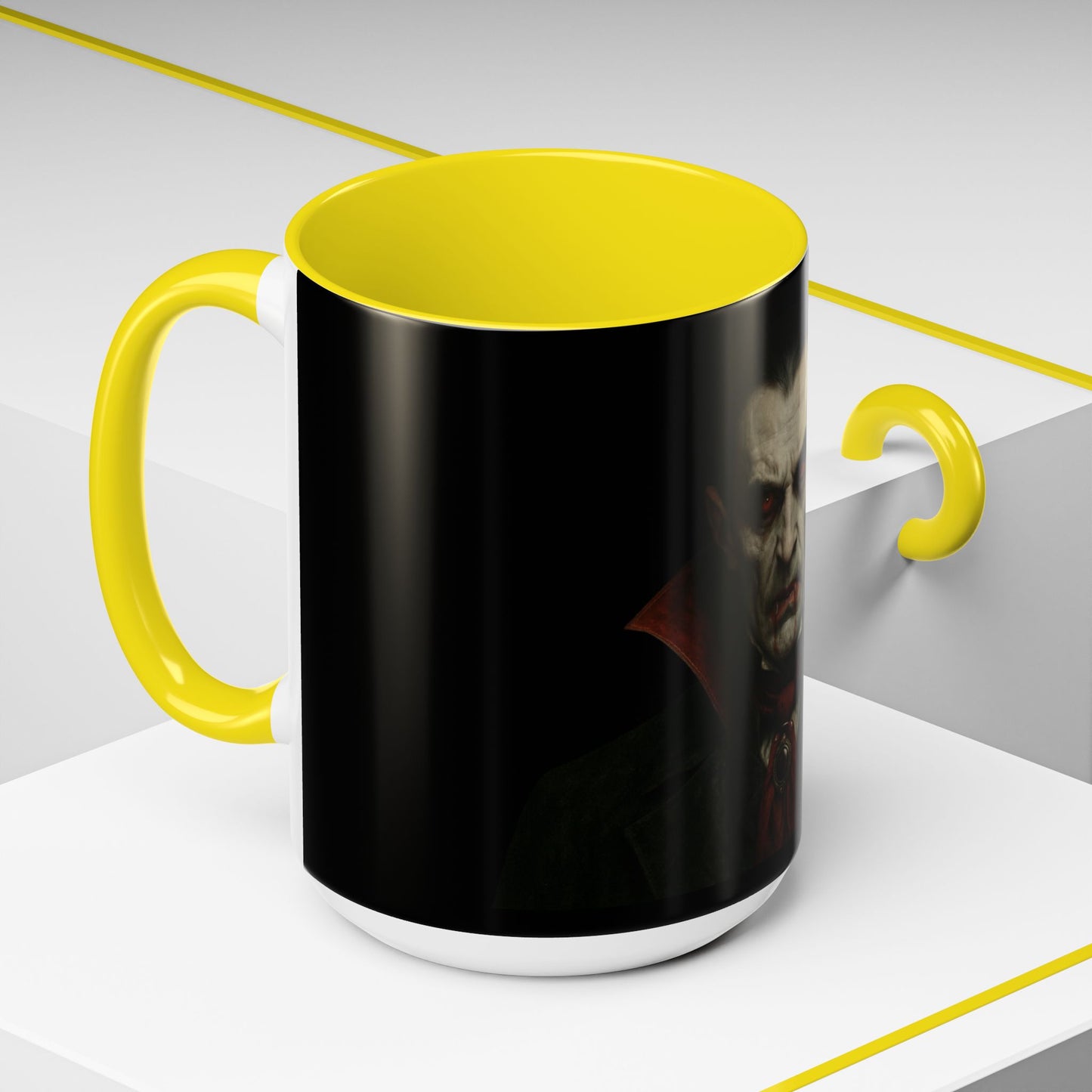 Vampire portrait coffee mug featuring Gothic Dracula design, 11oz or 15oz size, Halloween-themed drinkware by Printify.