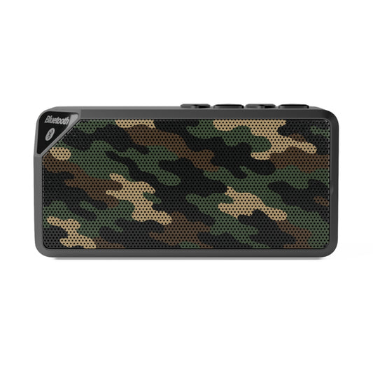 Portable Bluetooth speaker with military camouflage grill, wireless accessories by Printify, compact and rugged for outdoor use.