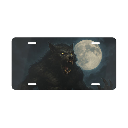 Werewolf Moon horror car vanity plate with full moon and werewolf design, made by Printify, for vehicle license plate accessories.