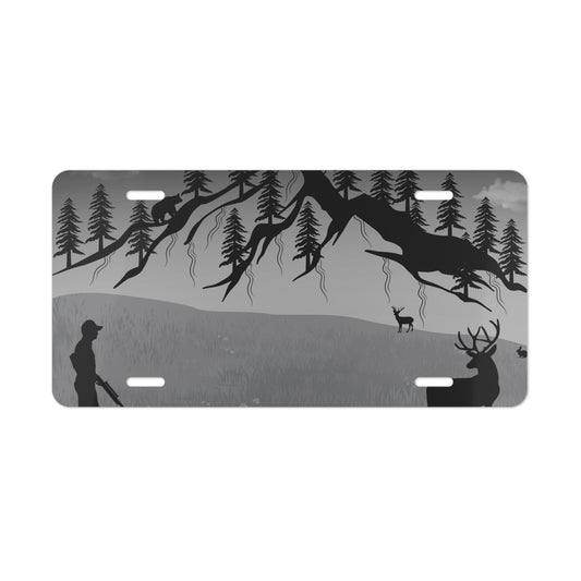 Nature Silhouette hunting scene vanity license plate with woodland scenery and wildlife silhouette, accessory for vehicles.