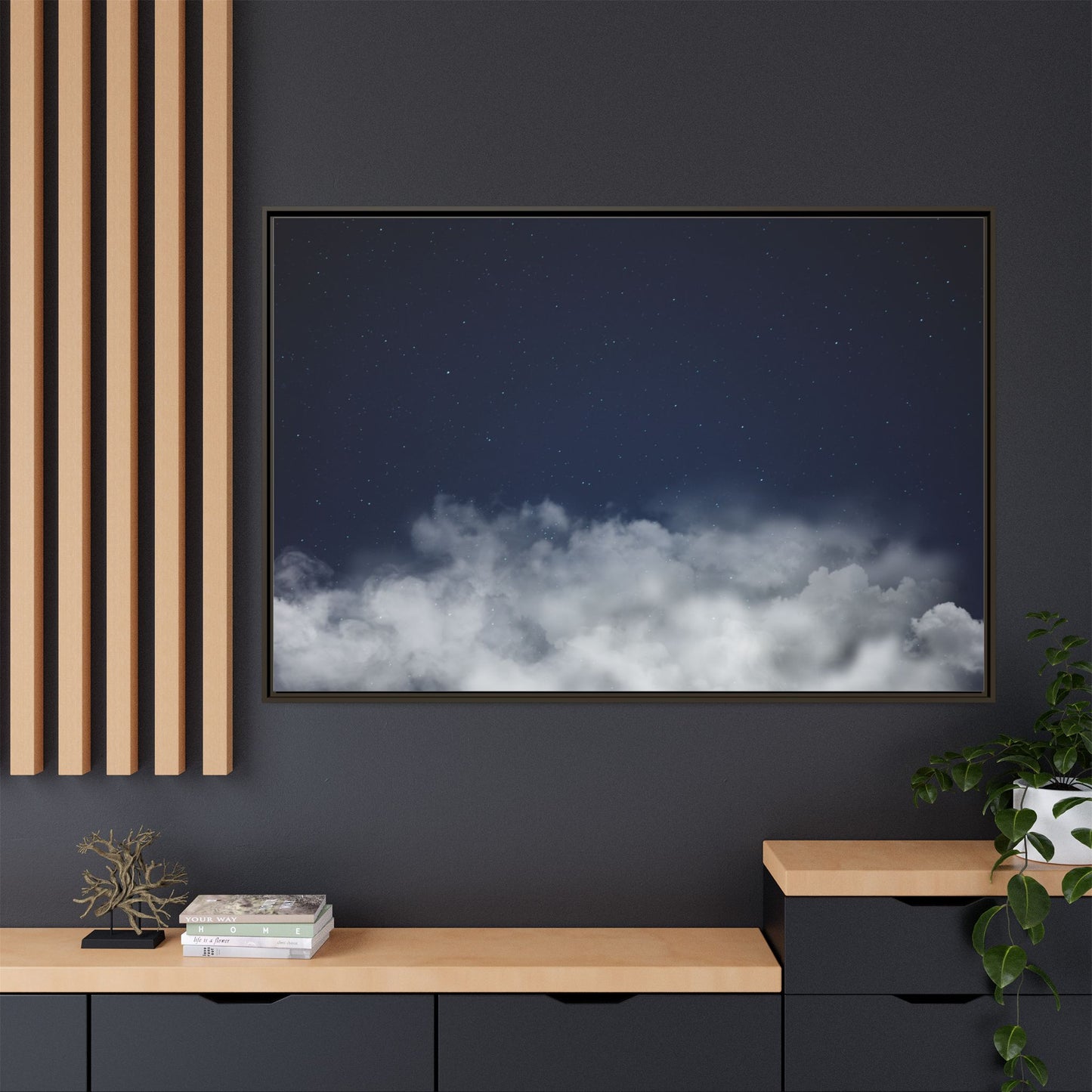 Framed night sky clouds canvas wall art featuring starry sky scene, created by Printify, perfect for celestial-themed home decor.