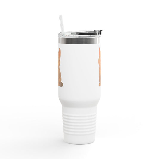 40oz insulated travel mug by Printify featuring a cute tabby cat illustration and a durable, spill-proof design.