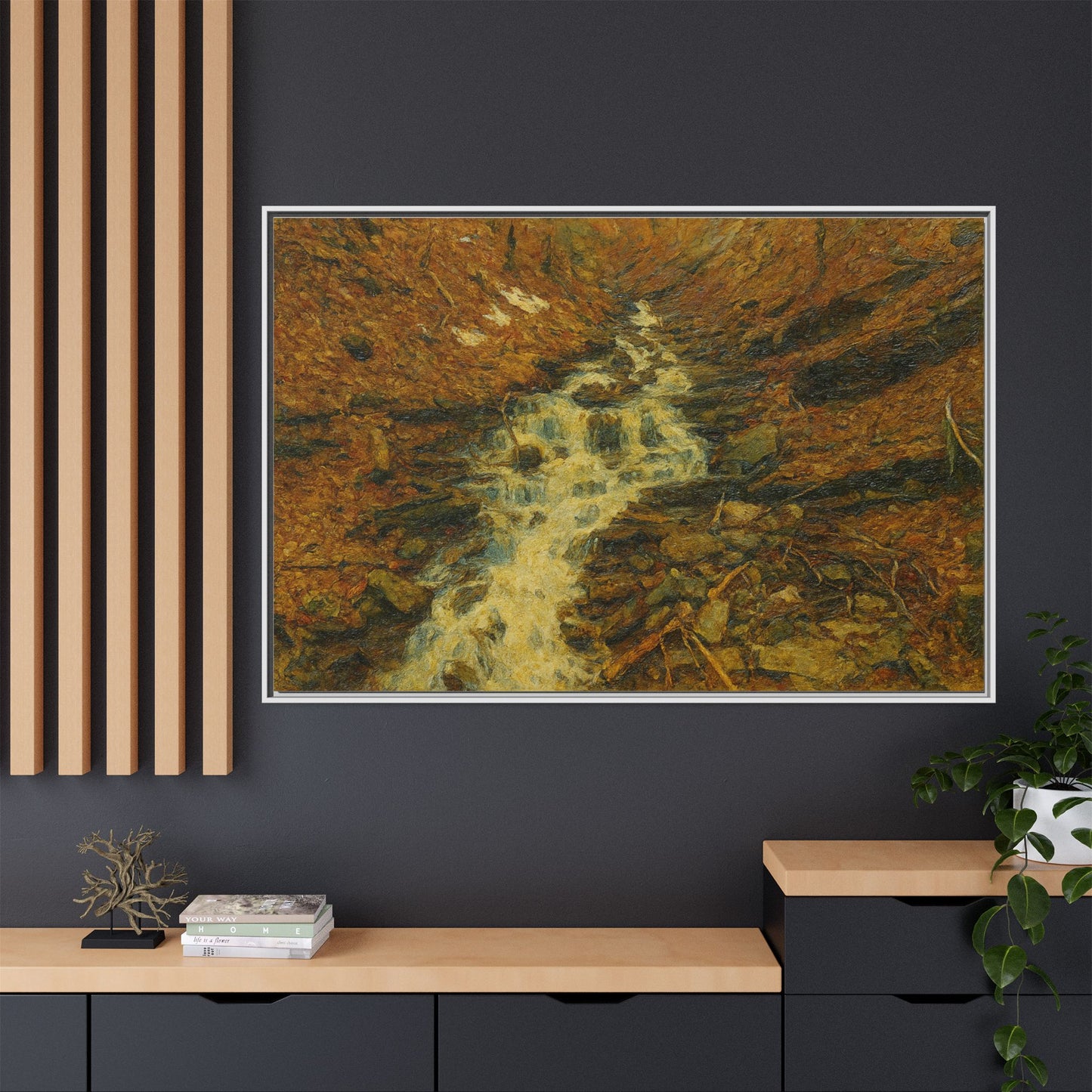 Framed matte canvas print of Autumn Stream landscape artwork by Printify, featuring a serene forest stream scene.