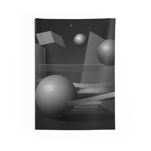 Abstract 3D geometry tapestry with monochrome floating spheres wall art, printed by Printify, for modern interior decoration.