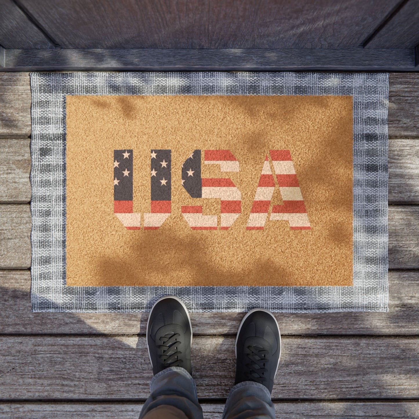 USA flag doormat with patriotic stars and stripes, ideal for welcoming guests and celebrating Independence Day.