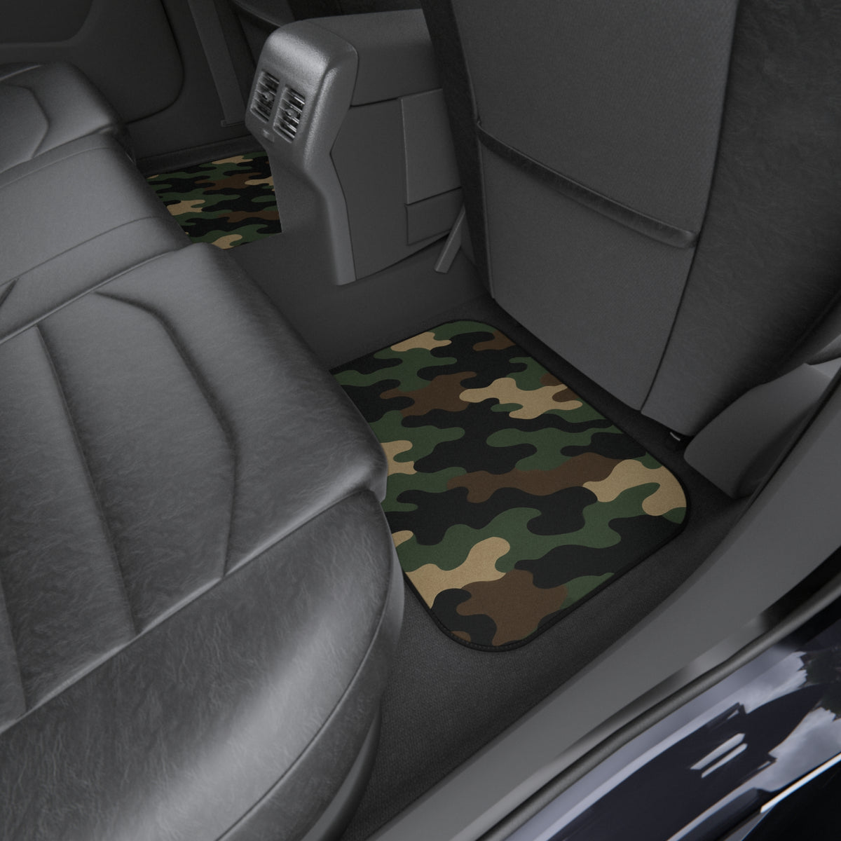 Set of four green woodland camo car floor mats by Printify, featuring camouflage pattern and designed for vehicle interior protection.