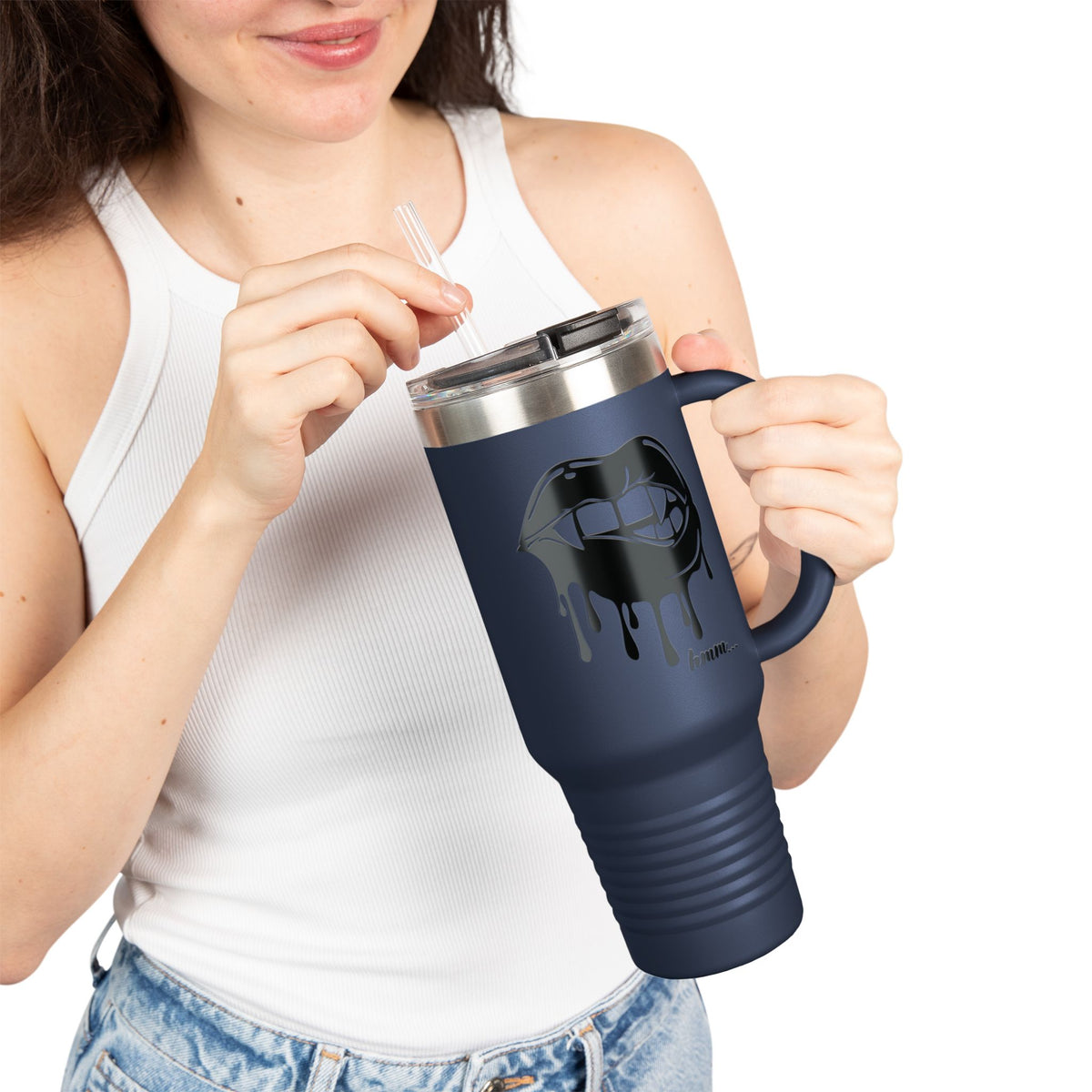 Stylish 40oz insulated travel mug with edgy design by Printify, perfect for coffee lovers on the go.