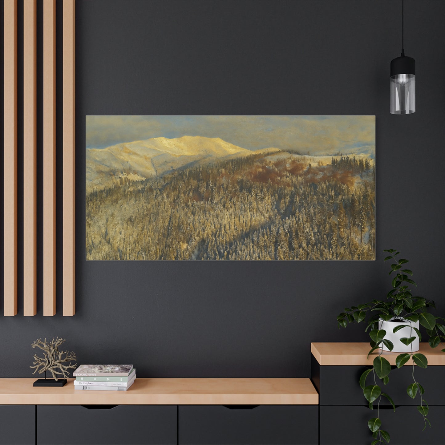 Winter mountain landscape matte canvas print by Printify, featuring a serene snowy mountain scene on a stretched 1.25-inch canvas.