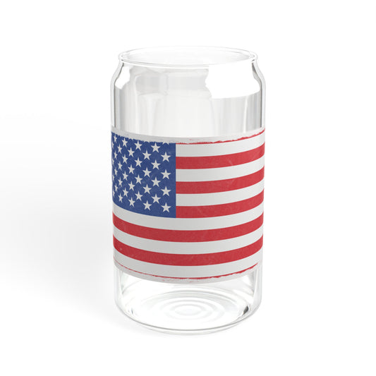 16oz American flag sipper glass mug with straw, patriotic drink tumbler featuring stars and stripes design by Printify.