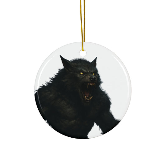 Black ceramic werewolf ornament from Printify, featuring a spooky wolf design for holiday decoration.