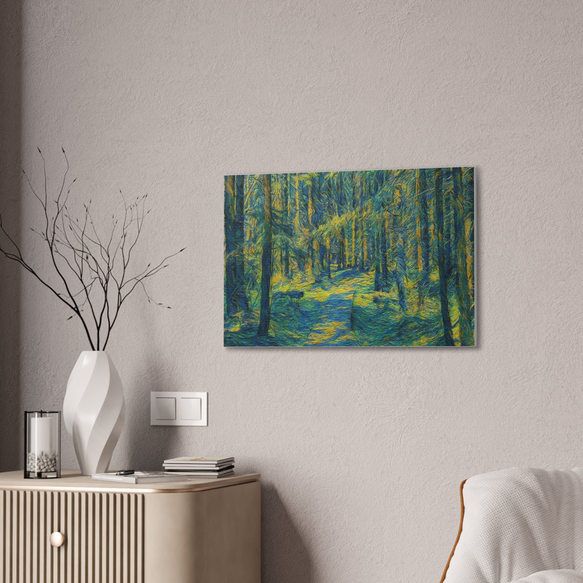 Impressionist forest scene on canvas wall art featuring a sunlit woodland path with lush trees, by Printify.