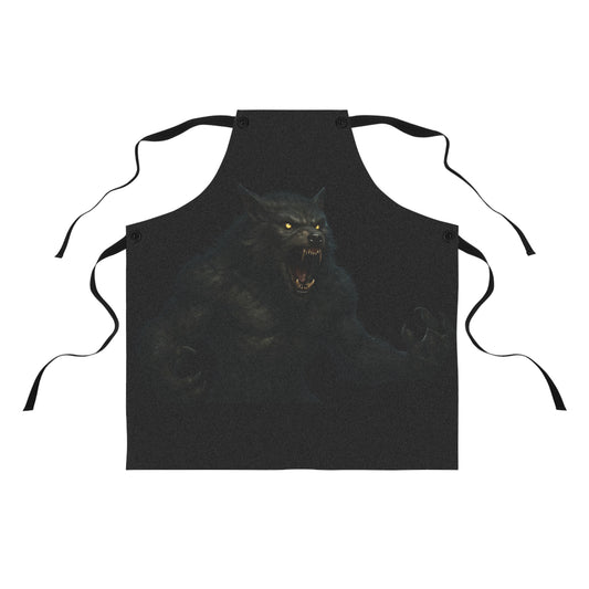 Werewolf horror apron with growling wolf design, perfect for Halloween cooking and spooky costume accessories.