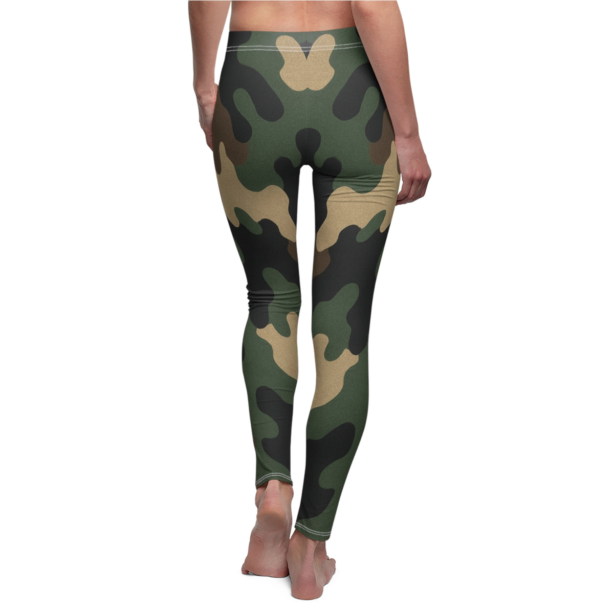 Women’s camouflage print leggings in classic green camouflage pattern, all-over print by Printify on a neutral background.