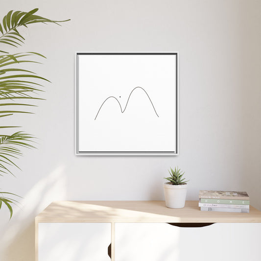Minimalist mountain line art printed on framed matte canvas by Printify, featuring simple black mountain outline on white background.