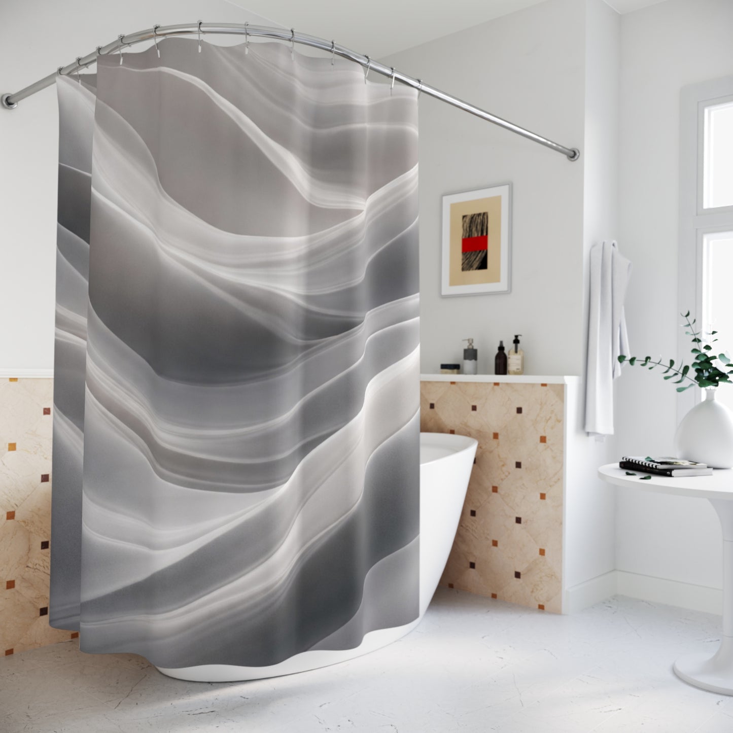 Abstract Gray Waves Shower Curtain | Soft Marble Swirl Bathroom Decor