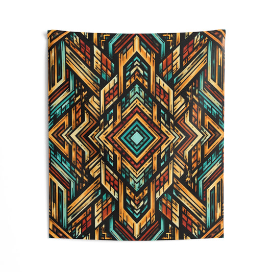 Geometric tribal indoor wall tapestry with boho aztec pattern, ideal for living room or bedroom decor, by Printify.