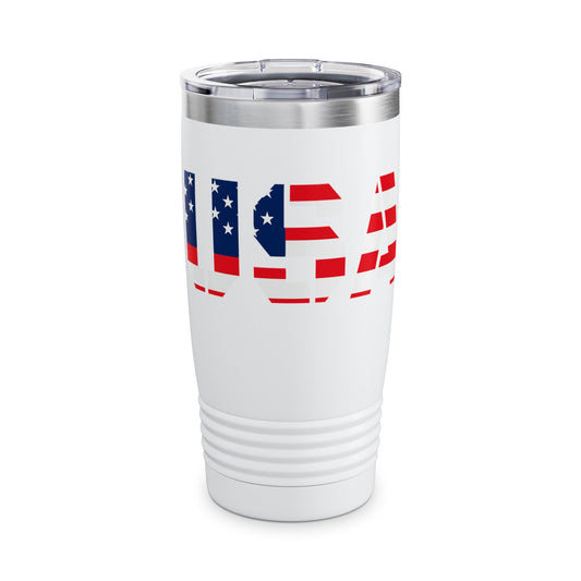USA flag 20oz tumbler with patriotic ringneck design, Printify travel cup for hot and cold beverages, durable and stylish.