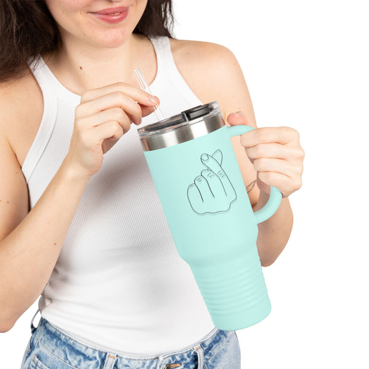 40oz insulated travel mug by Printify featuring a heart-finger hand gesture design, ideal for hot and cold beverages.