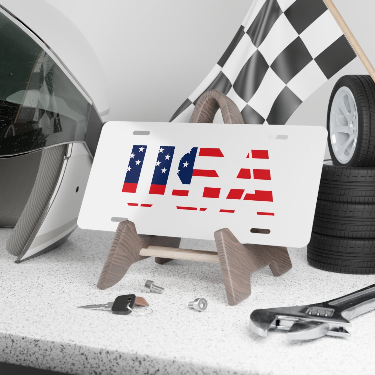 USA Flag Vanity License Plate — Patriotic Aluminum Car Plate