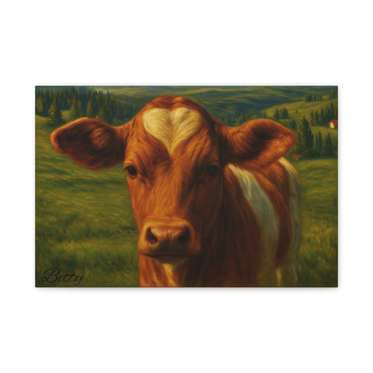 Cow portrait canvas print featuring a heart-shaped forehead, farm animal wall art by Printify on a natural canvas background.