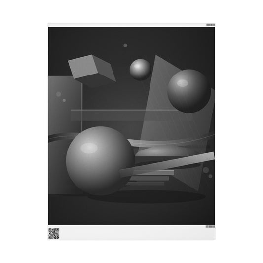 Black and gray geometric shapes wrapping paper roll by Printify, featuring modern abstract patterns for gift wrapping.