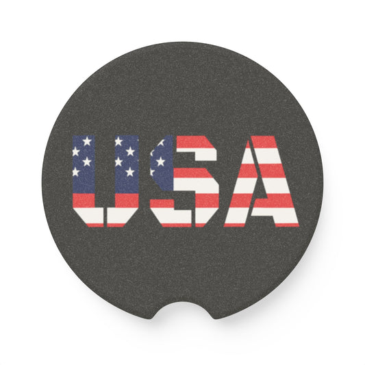 USA flag soapstone car coaster with patriotic design, fits in a vehicle cup holder, ideal for protecting car surfaces.