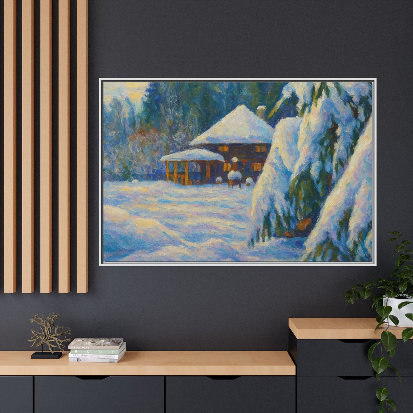 Framed matte canvas wall art featuring a snowy cabin winter landscape with trees and a peaceful winter scene.