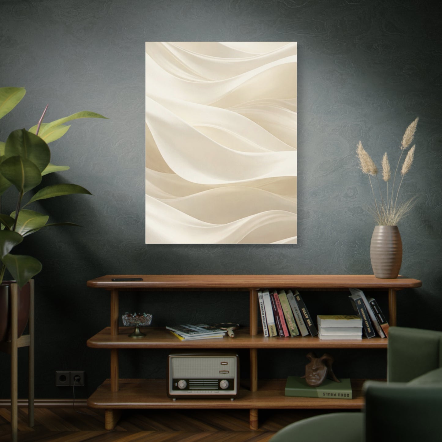 Neutral abstract wave art printed on matte canvas, featuring flowing wave patterns in soft tones, by Printify.