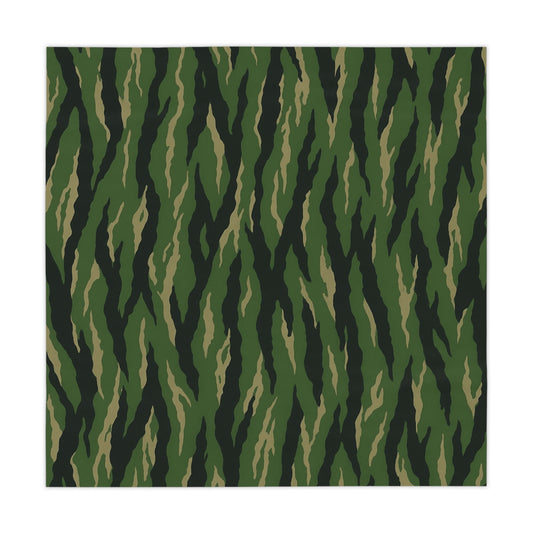Green camouflage tablecloth with tiger stripe military print, designed for outdoor or military-themed table settings.