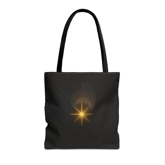 Golden celestial starburst tote bag with radiant light design, stylish fabric bag perfect for everyday use.