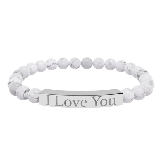 Engraved 'I Love You' natural stone stretch bracelet, accessory by Printify with engraved message on smooth stone beads.