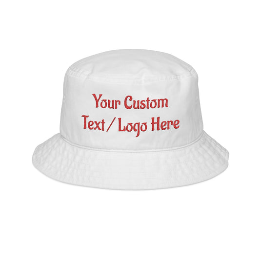 Embroidered personalized bucket hat by Printify with custom text, stylish sun hat featuring colorful embroidery on the brim.