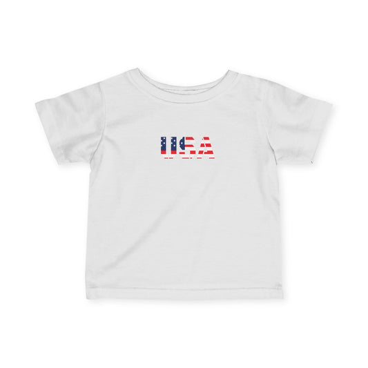 Infant baby shirt with USA flag block print, casual kids clothing from Printify featuring patriotic design.