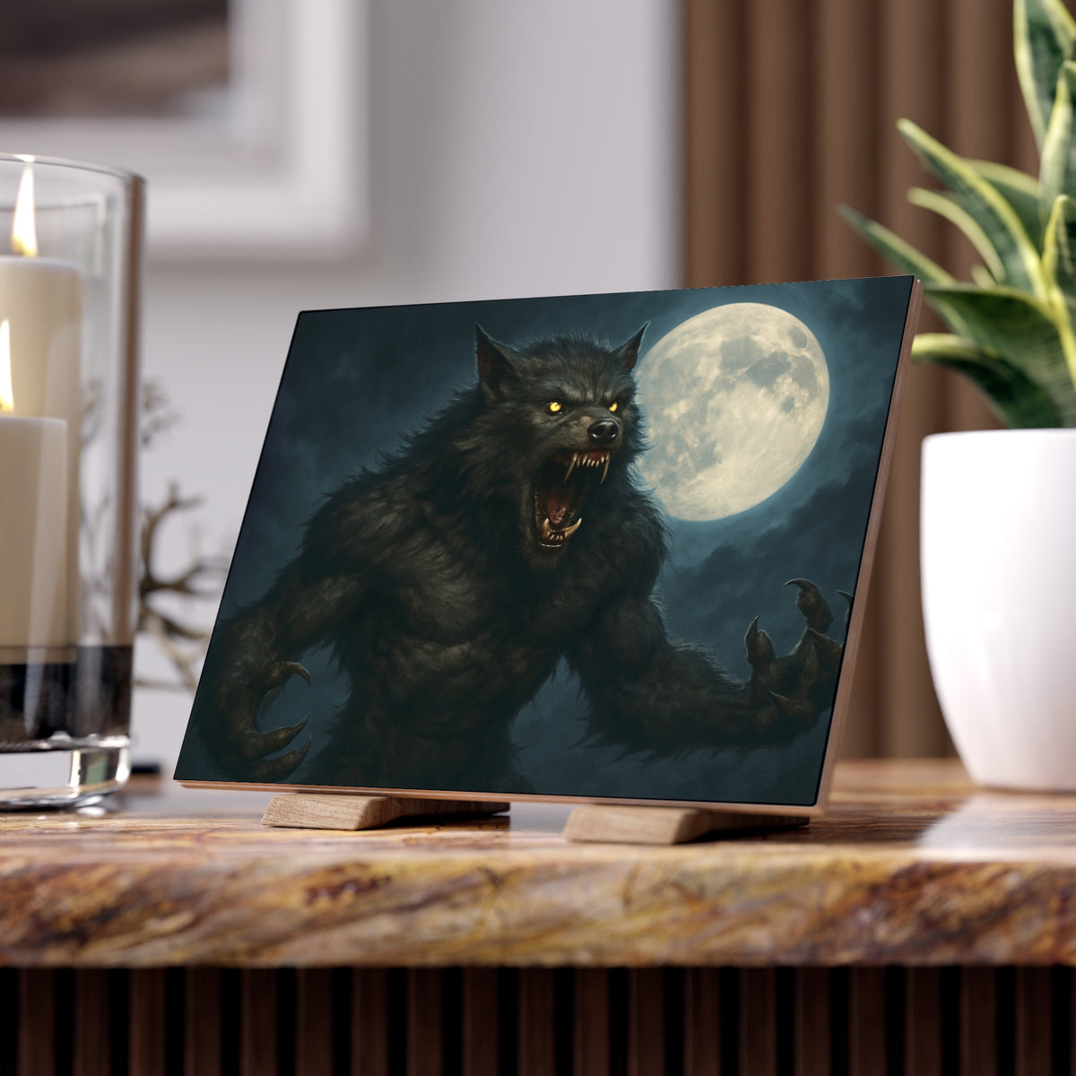 Ceramic tile featuring fierce werewolf moon art, horror-themed wall decor for home interior decoration.
