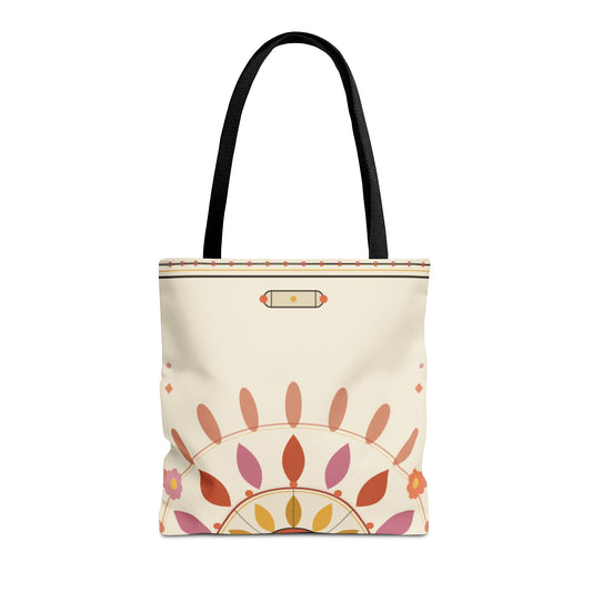 Boho floral mandala tote bag with pastel sunburst pattern by Printify, showcasing a vibrant, decorative bag design.