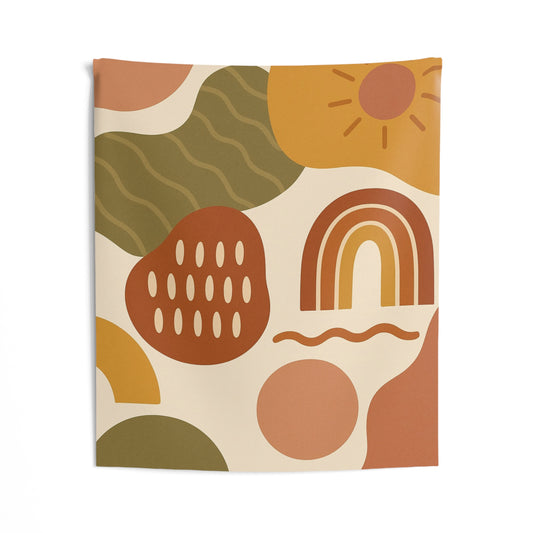 Boho abstract rainbow tapestry by Printify featuring retro sun and earthy shapes, wall hanging with colorful, artistic design.