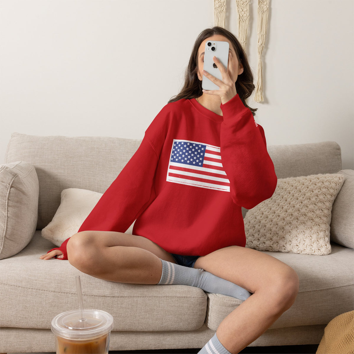 American flag crewneck sweatshirt by Printify, featuring patriotic design on soft, comfortable fabric for men and women.