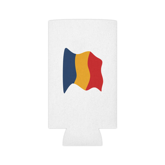 Waving Romania flag can cooler, insulated beer koozie accessory with red, yellow, and blue tricolor design.